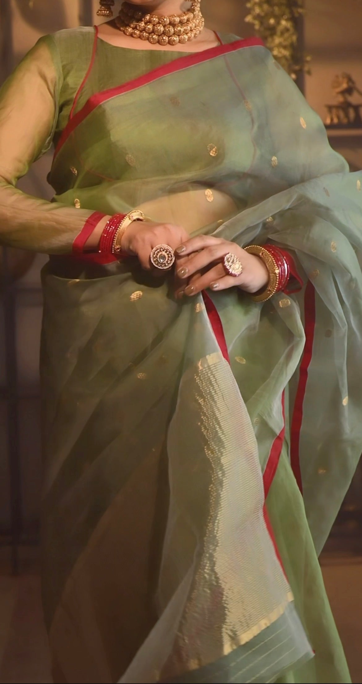 Olive gold & red Chanderi silk saree with zari bootis all over