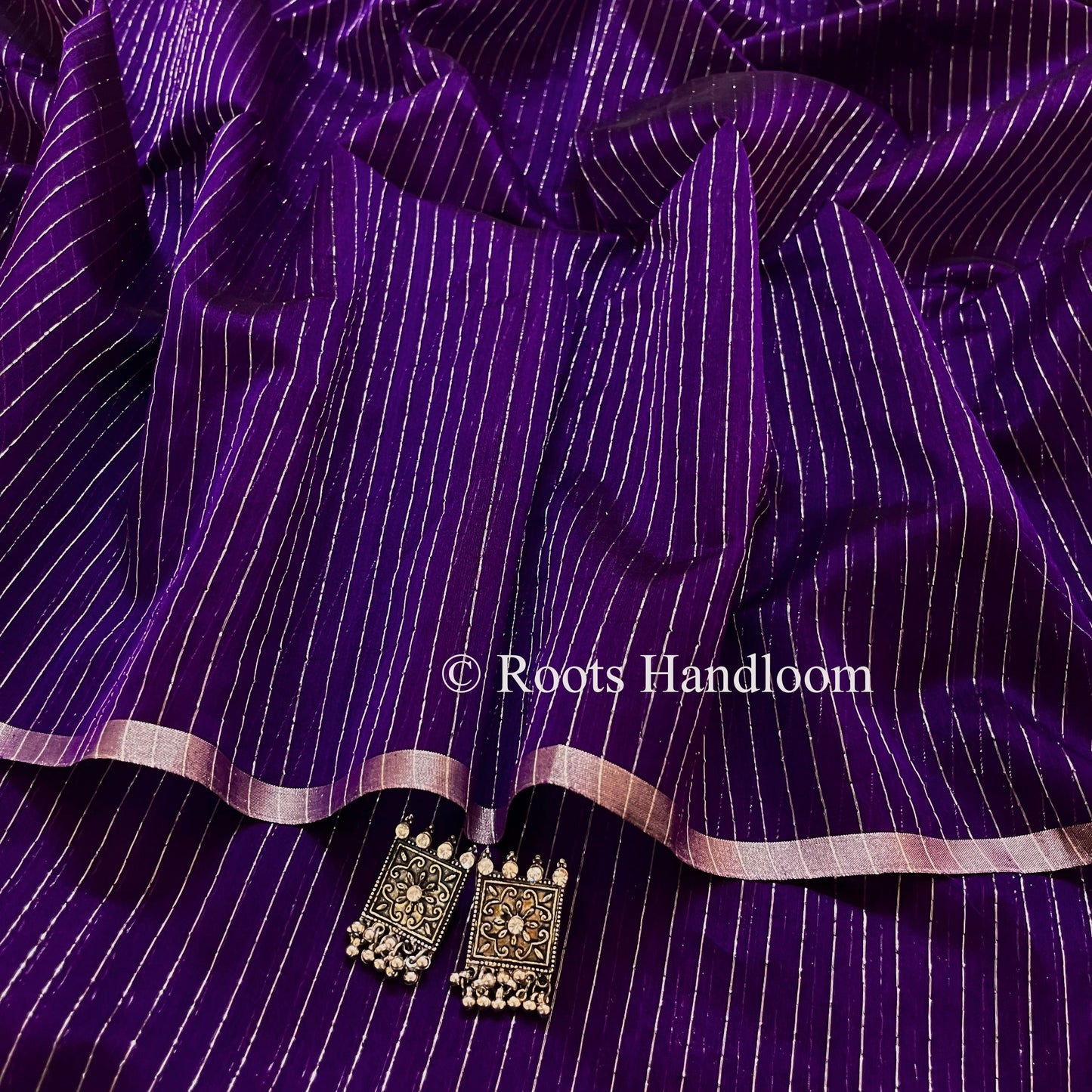 Dark Purple Maheshwari Saree with silver zari lines all over