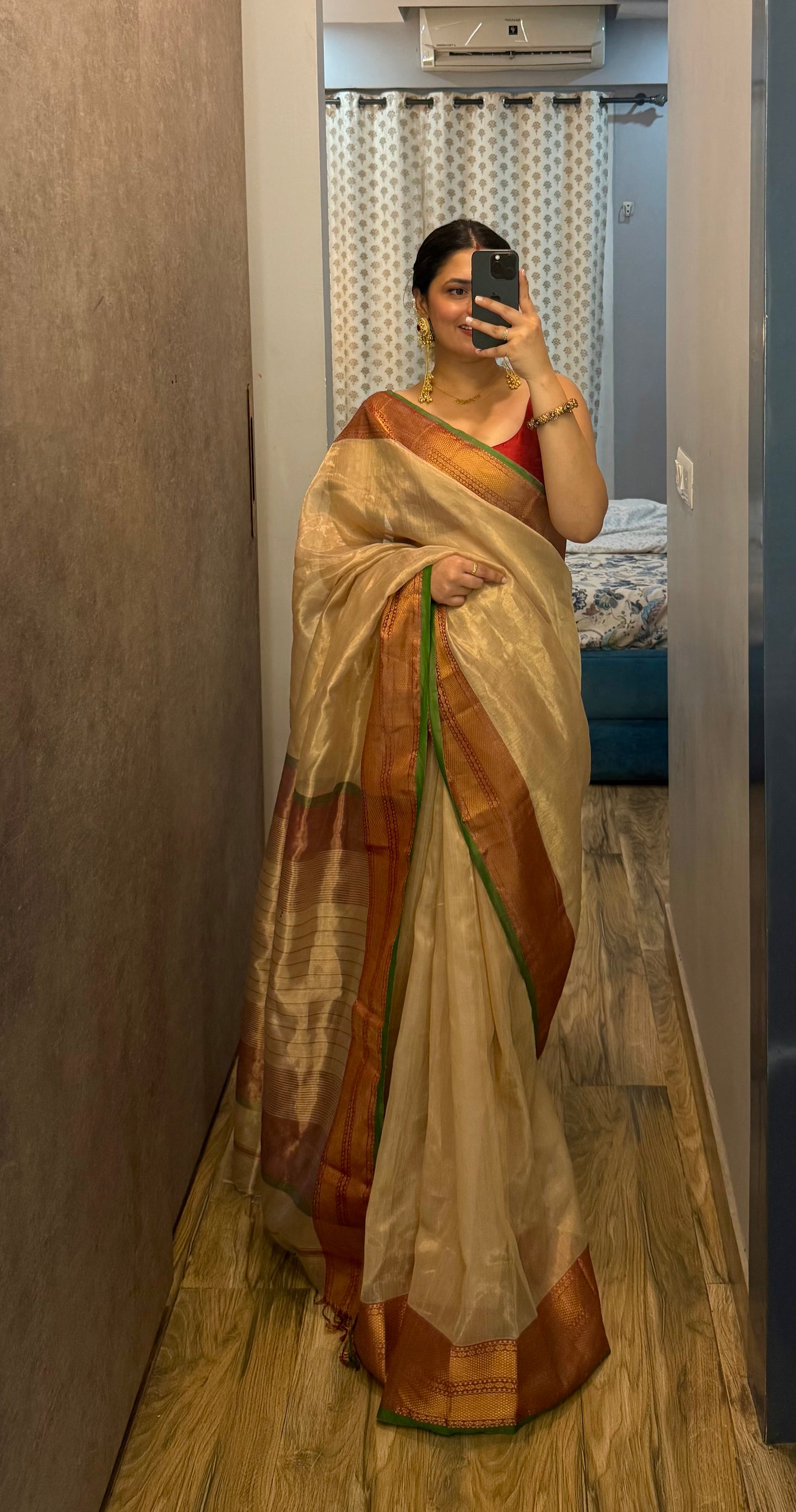 Gold Red & Green Maheshwari tissue saree with zari pattern on pallu