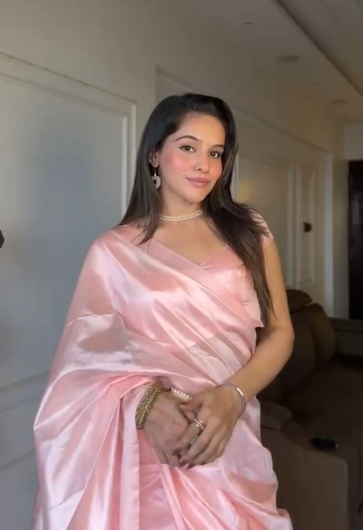 Baby Pink Chanderi silk saree with silk border