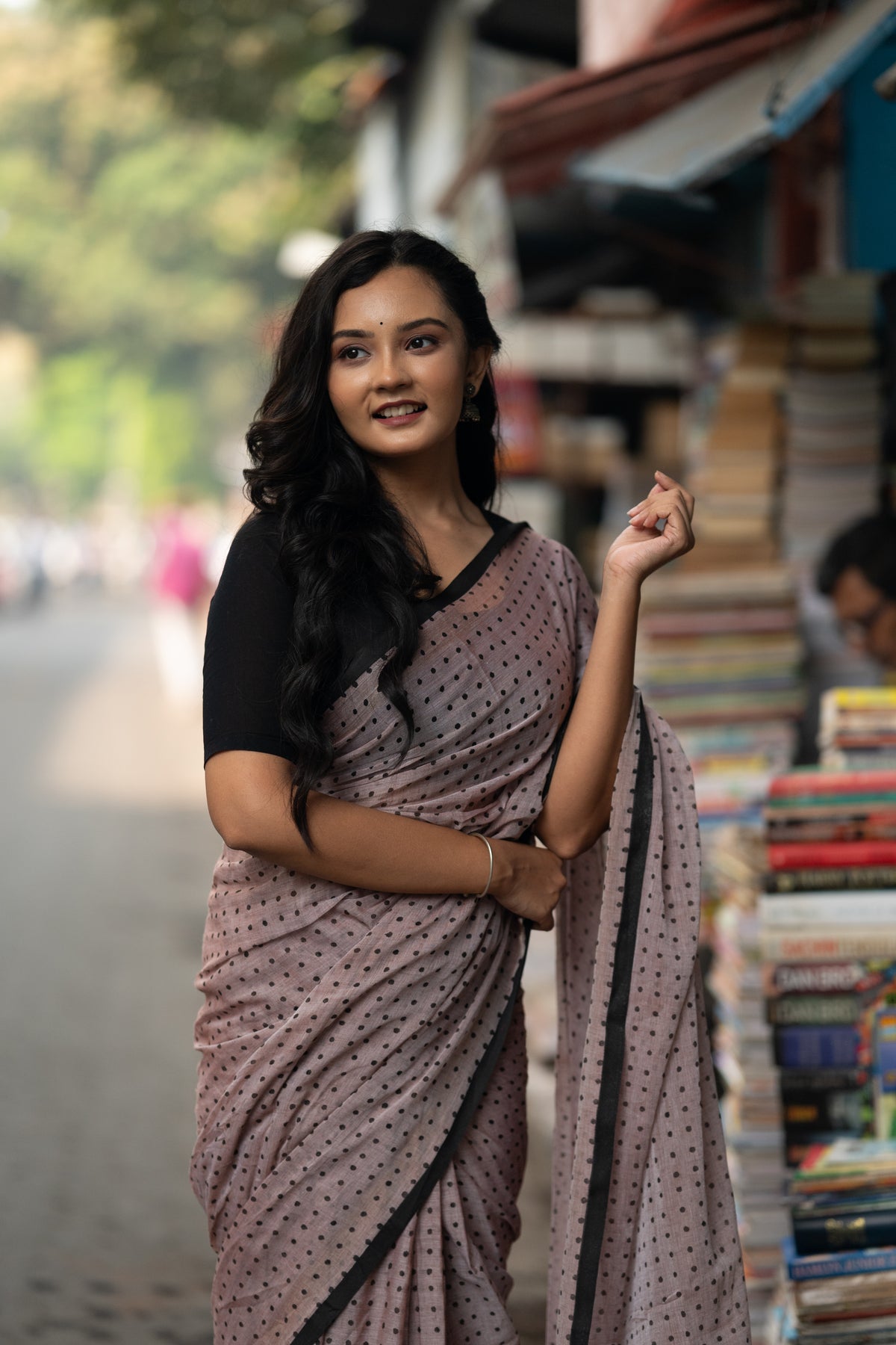 Greyish beige and black polka dot mulmul saree