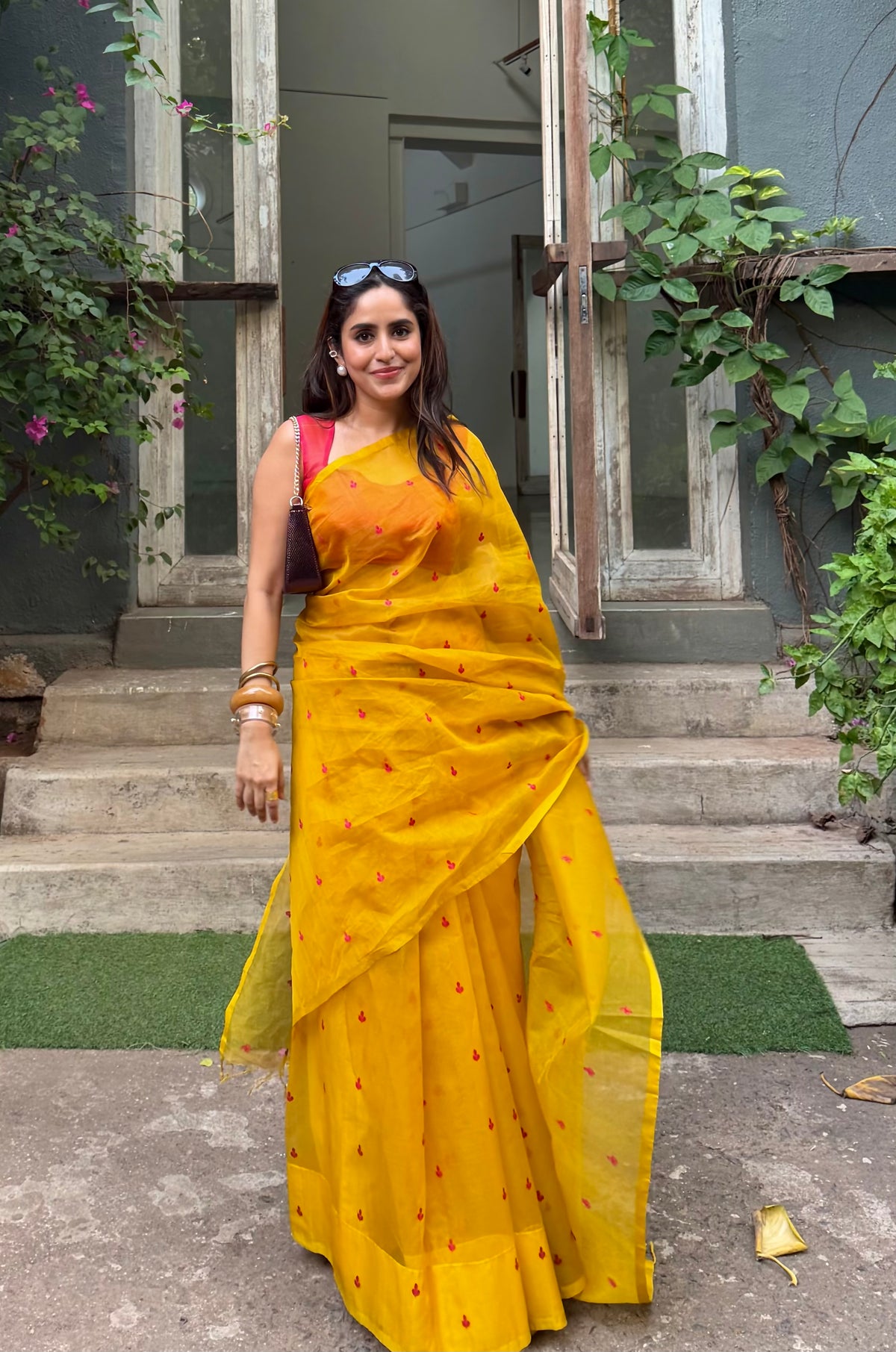 Mustard and pink Chanderi silk saree with resham bootis all over