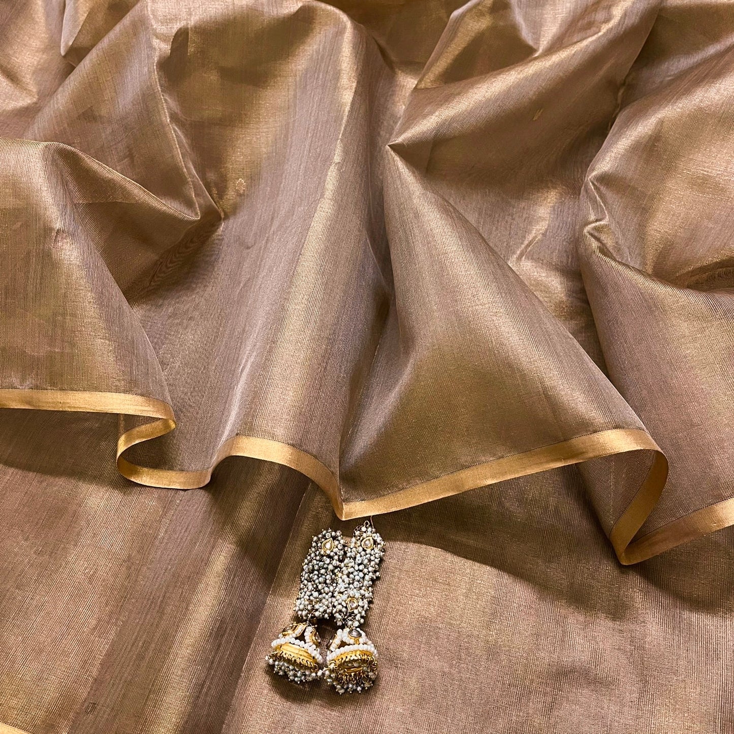 Caramel Gold Maheshwari Tissue Silk Saree with Zari bootis all over