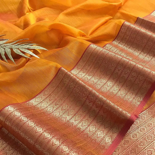 Yellow and red Maheshwari saree with Zari pattern on Pallu