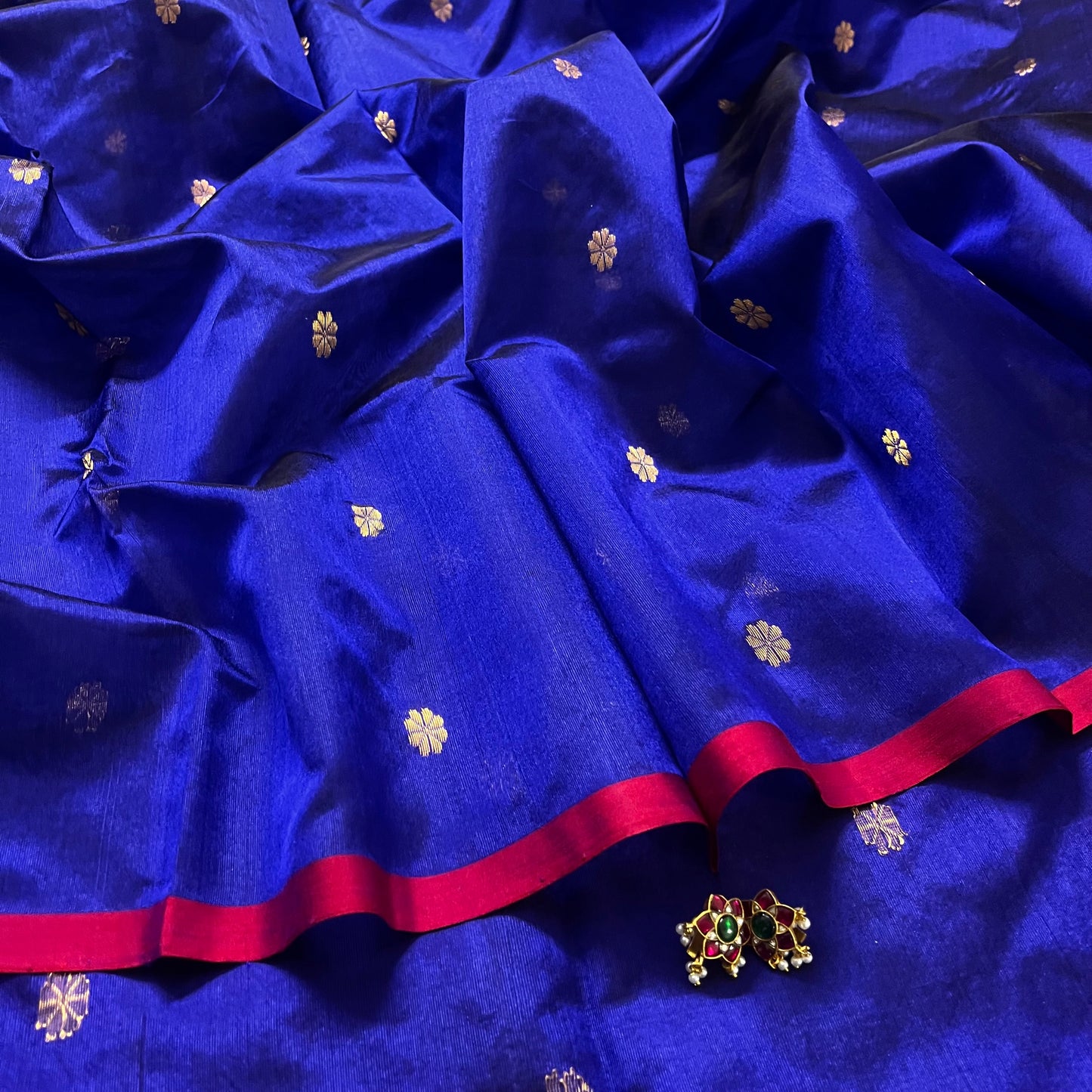 Dark blue Chanderi silk saree with flower bootis all over