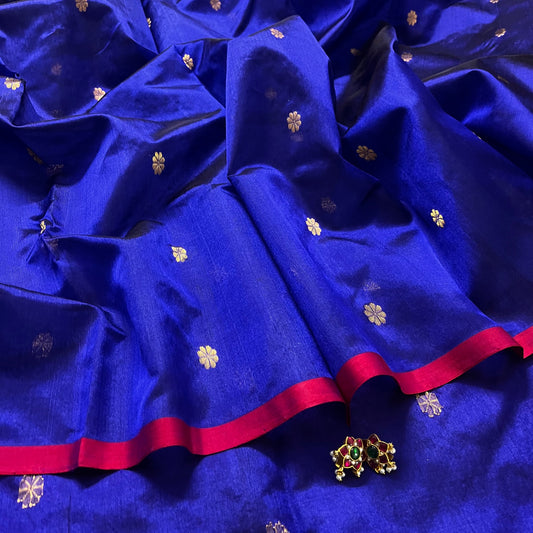 Dark blue Chanderi silk saree with flower bootis all over