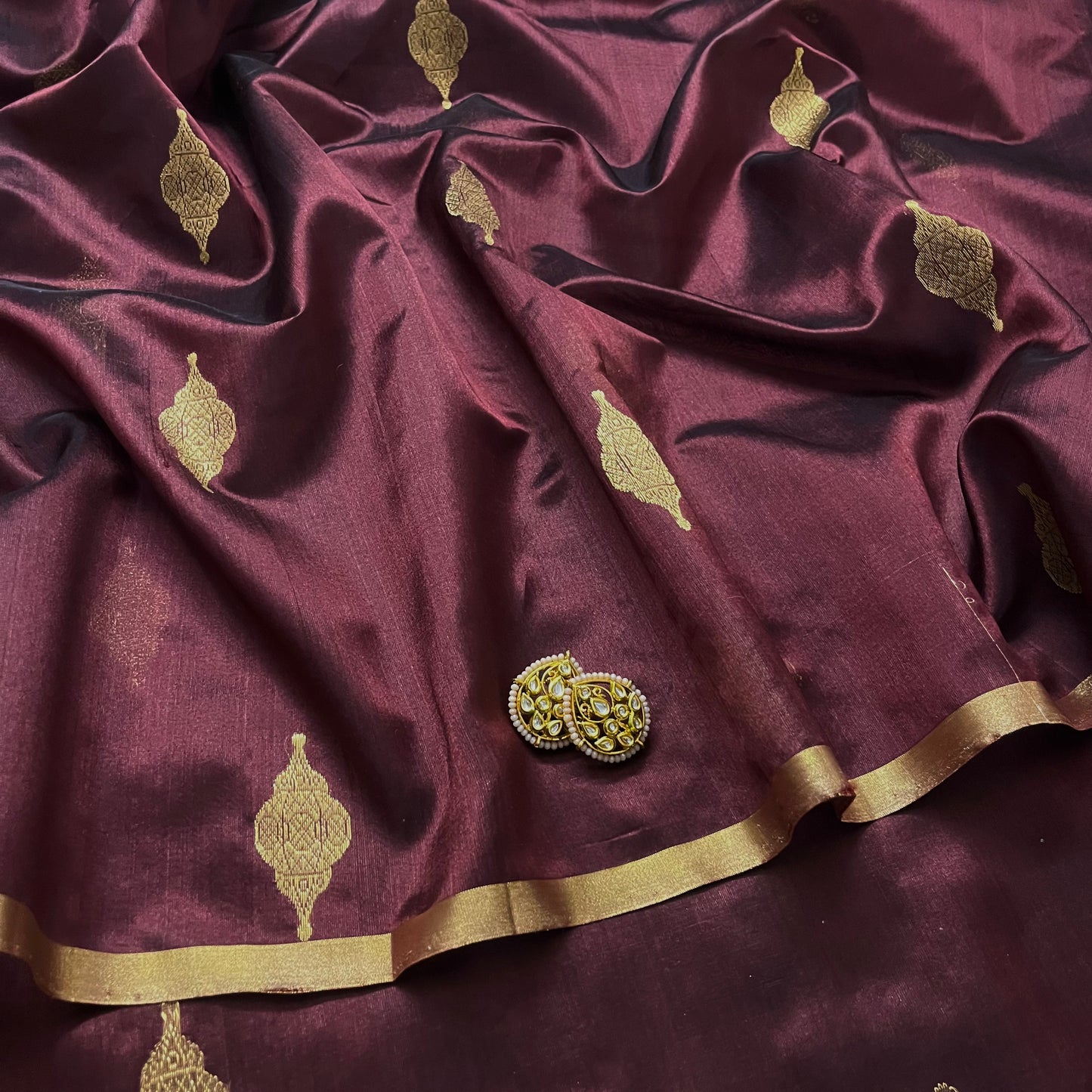 Mahogany chanderi silk saree with jhoomar motifs all over
