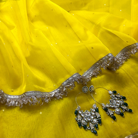 Corn yellow Chanderi silk saree with zari bootis all over
