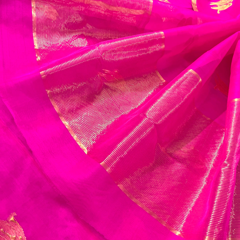 Pink chanderi organza silk saree with bird motifs all over