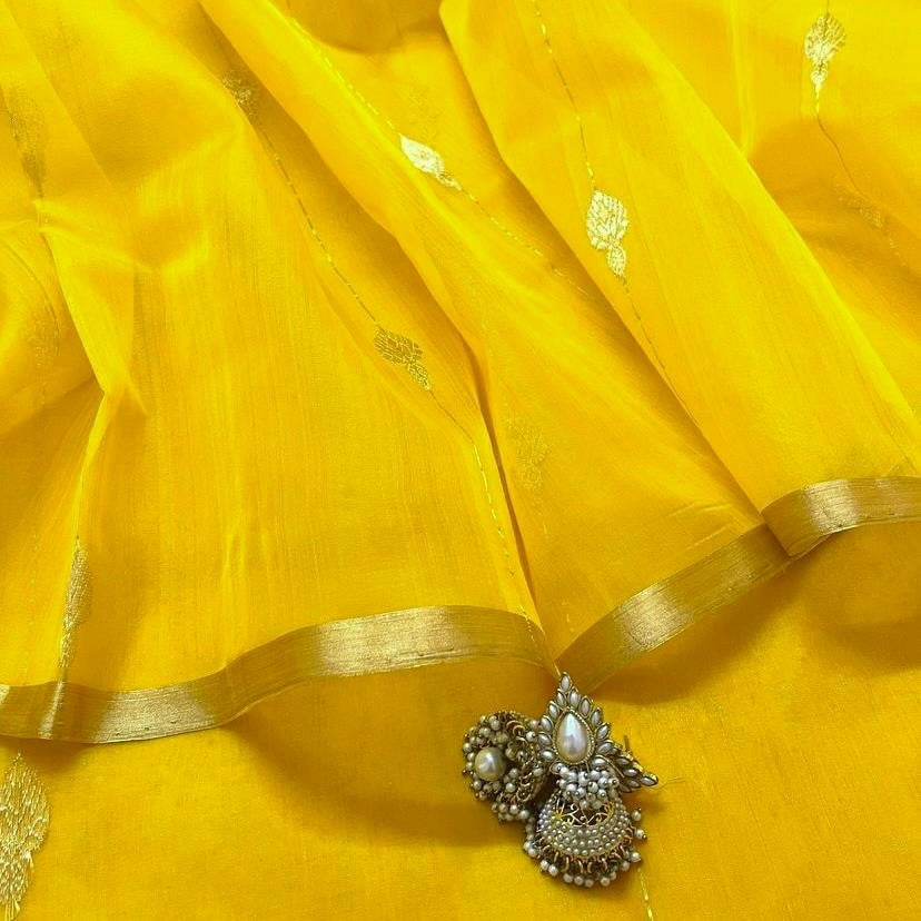 Yellow chanderi organza silk saree with jhumka motifs all over