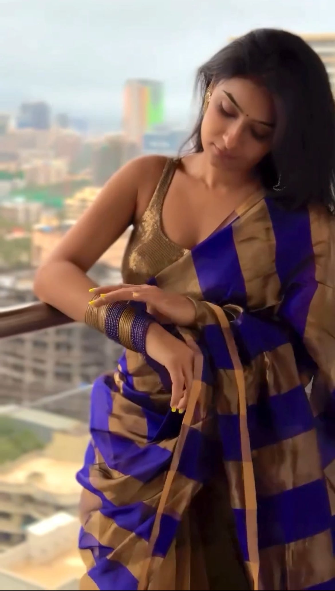 Dark purplish blue Chanderi silk saree with zari stripes