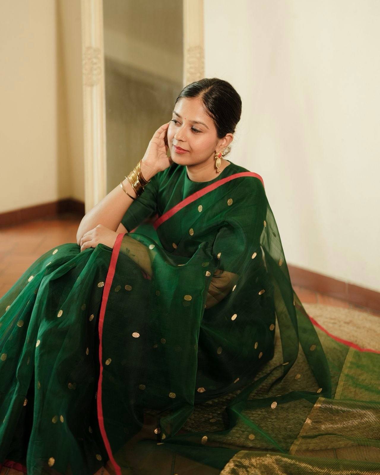 Green & red Chanderi silk saree with zari bootis all over