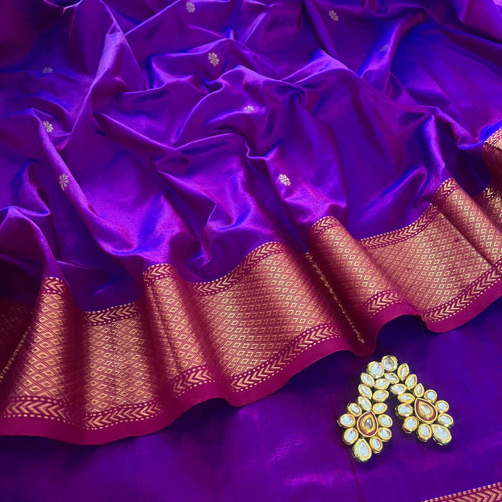 Violet and Pink dual tone Maheshwari silk saree with zari bootis all over