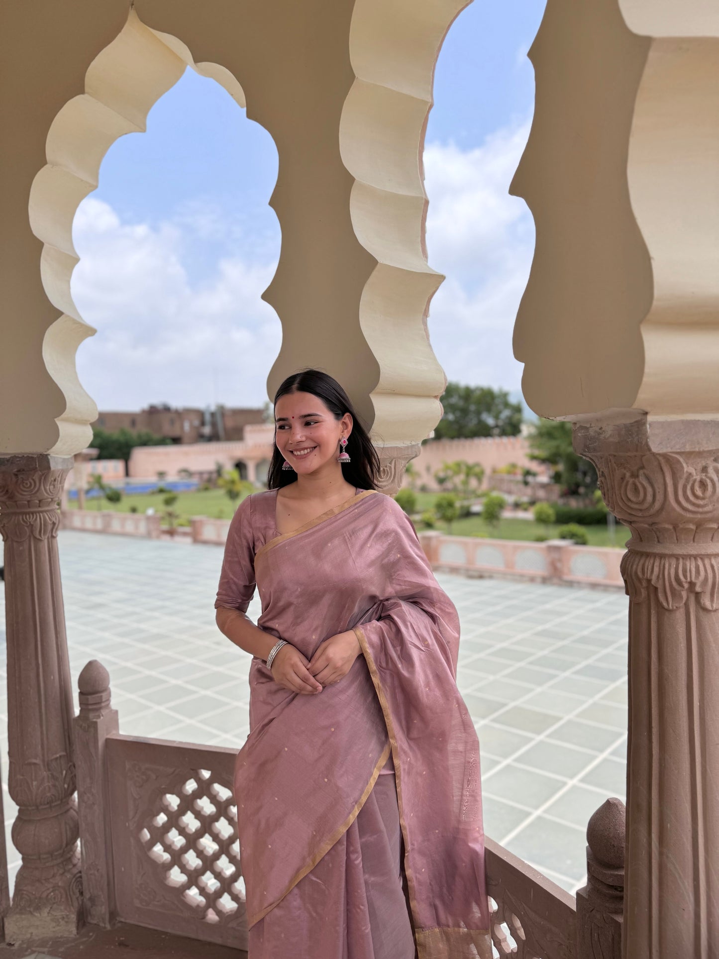 Dusty pink chanderi silk saree with zari bootis all over