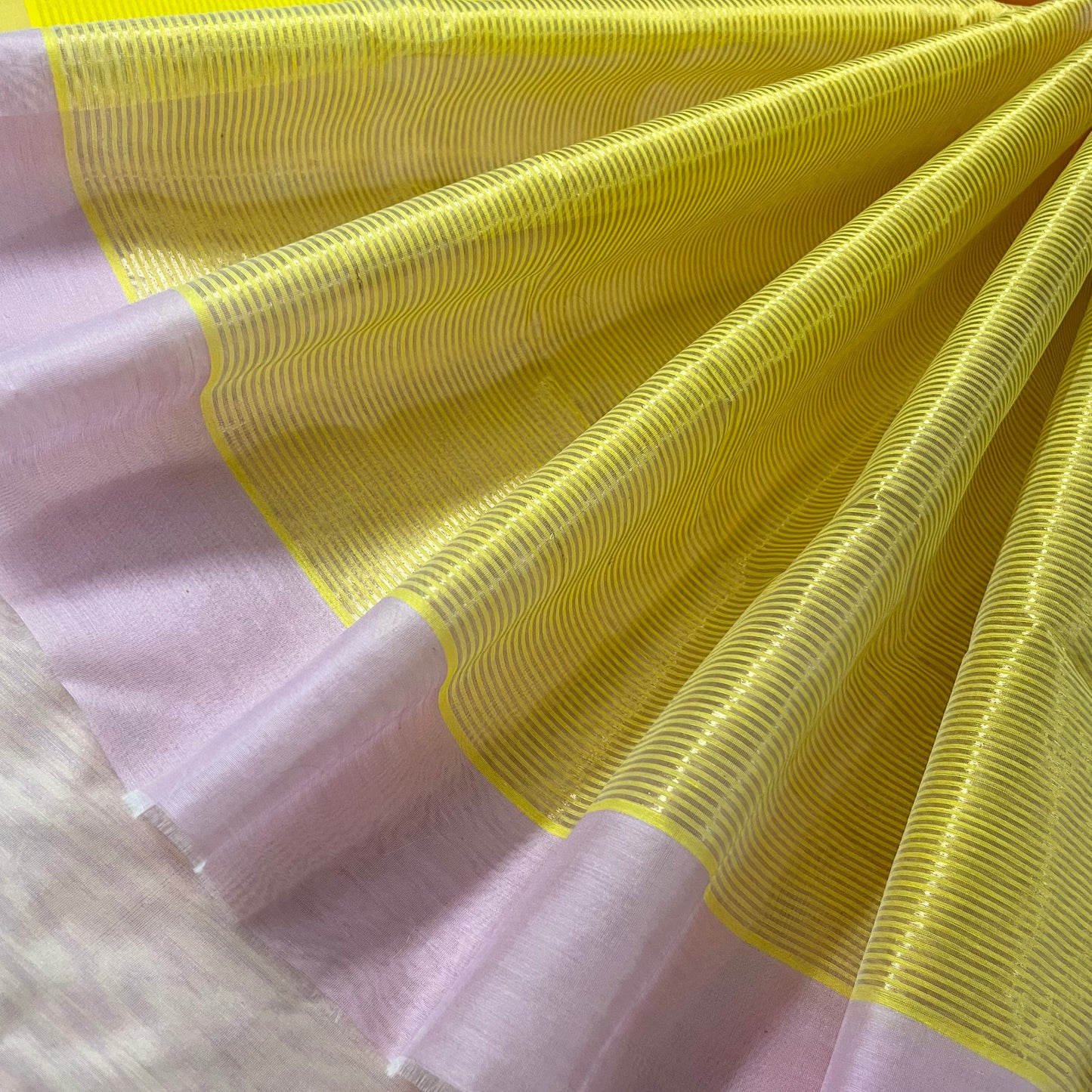 Pink and lemon Chanderi saree with zari lines on pallu