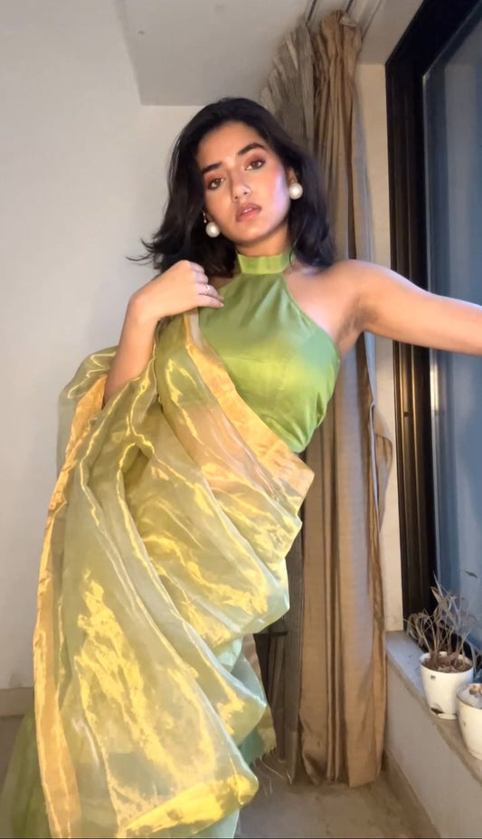 Lime green maheshwari saree with zari lines all over