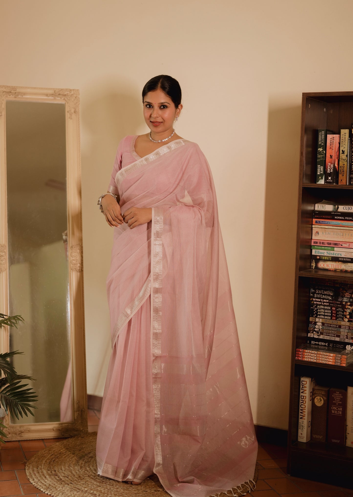 Baby pink Maheshwari saree with checks all over