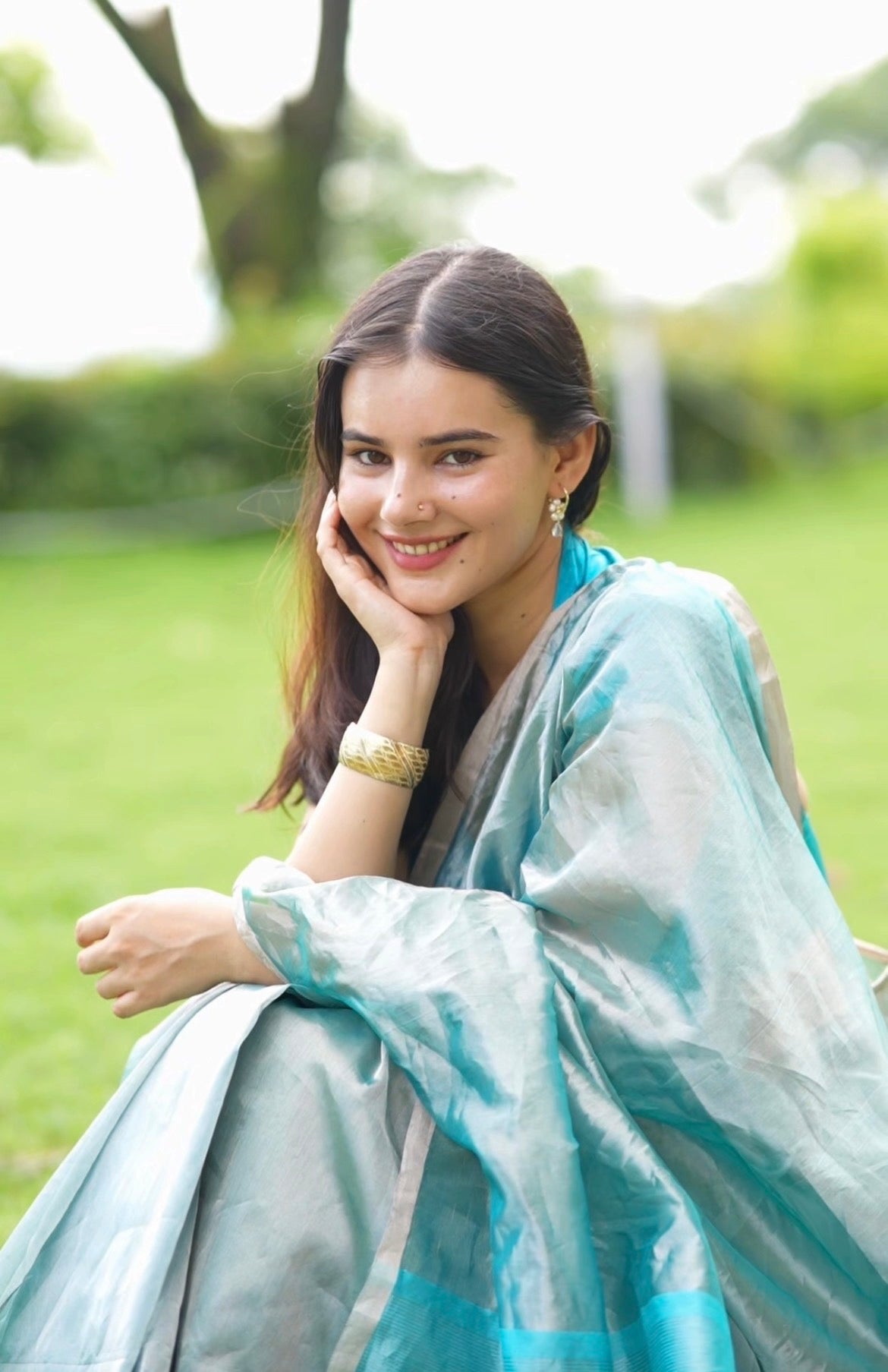 Baby blue and silver Chanderi tissue silk saree saree with zari lines on pallu