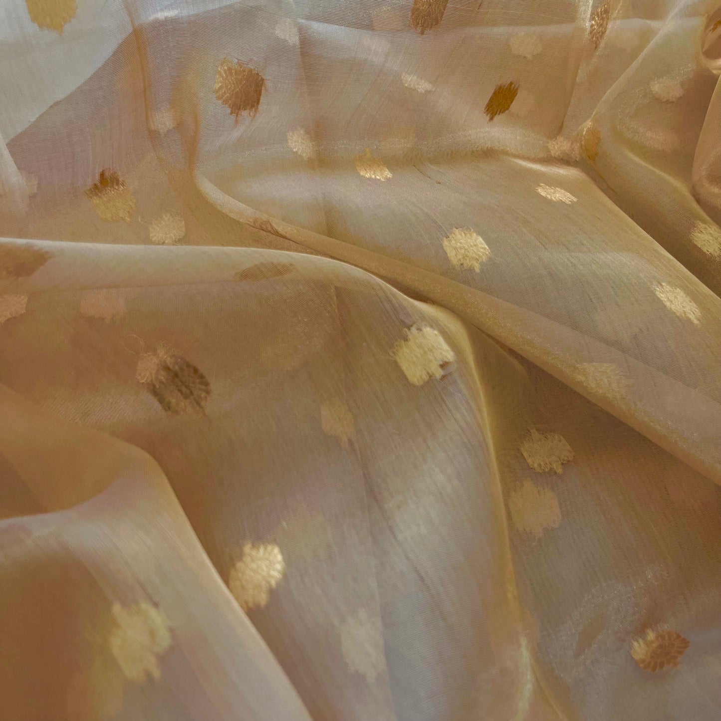 Gold Banarasi tissue silk saree with flower bootis all over