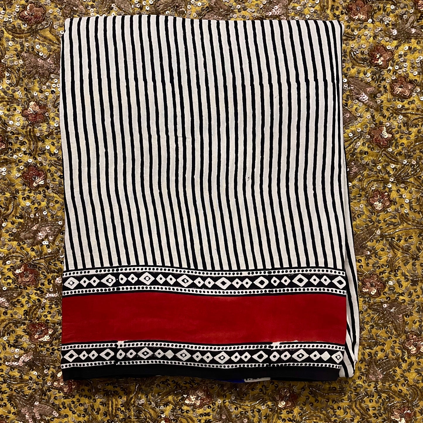 White and black silk saree with block print all over