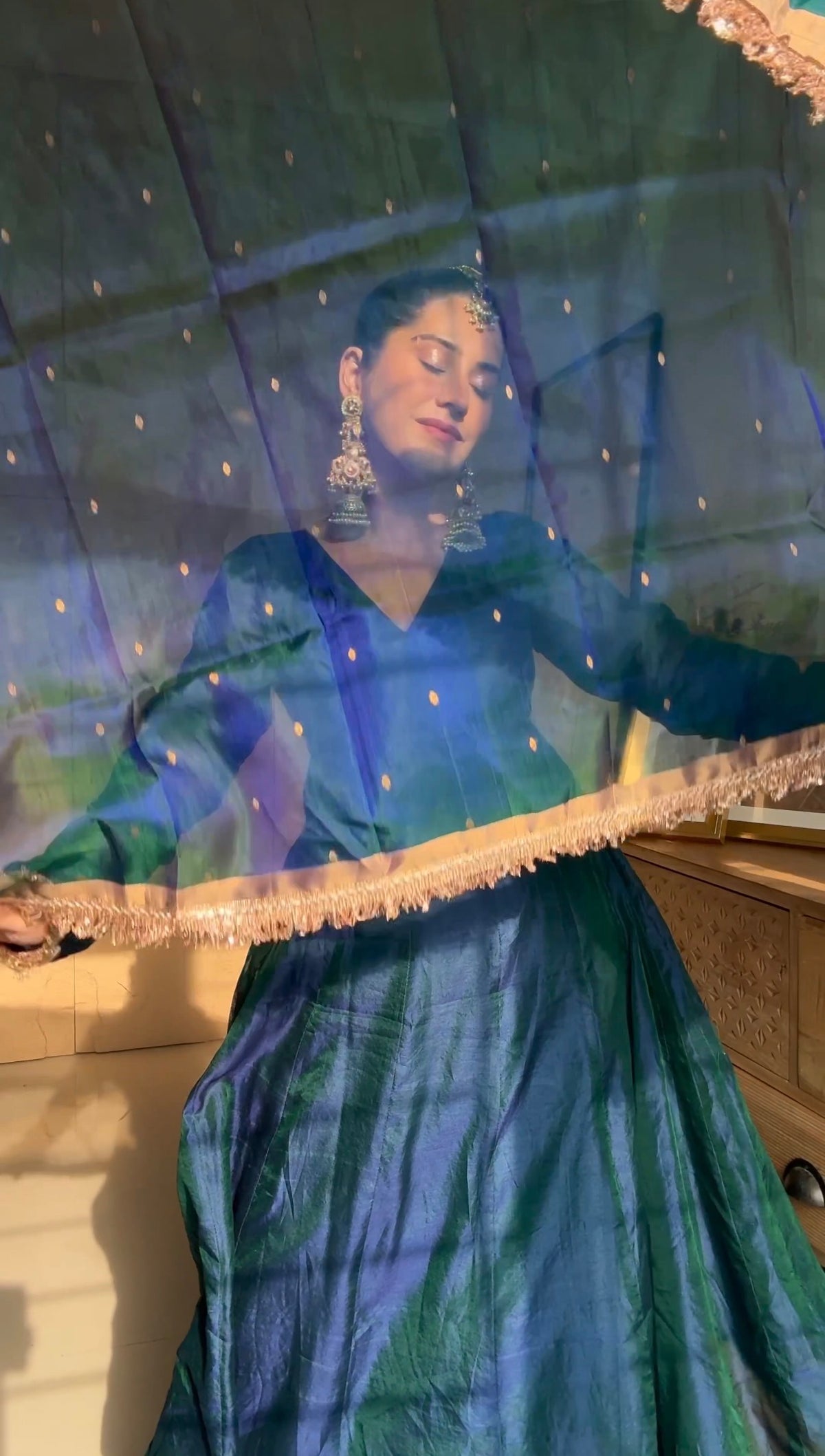 Peacock Green & Blue Dual Tone Chanderi Organza Silk Anarkali Suit