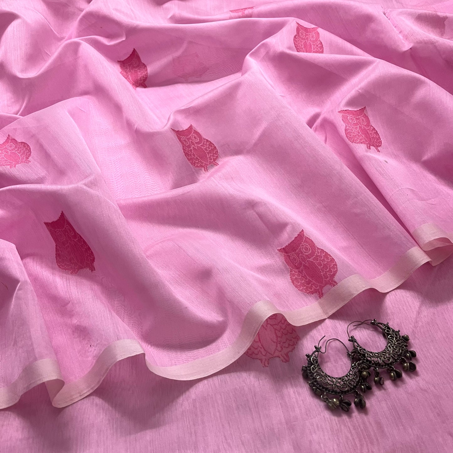 Pink Chanderi saree with owl motifs all over