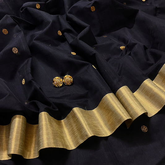 Black Chanderi saree with zari bootis all over and flower motifs on pallu