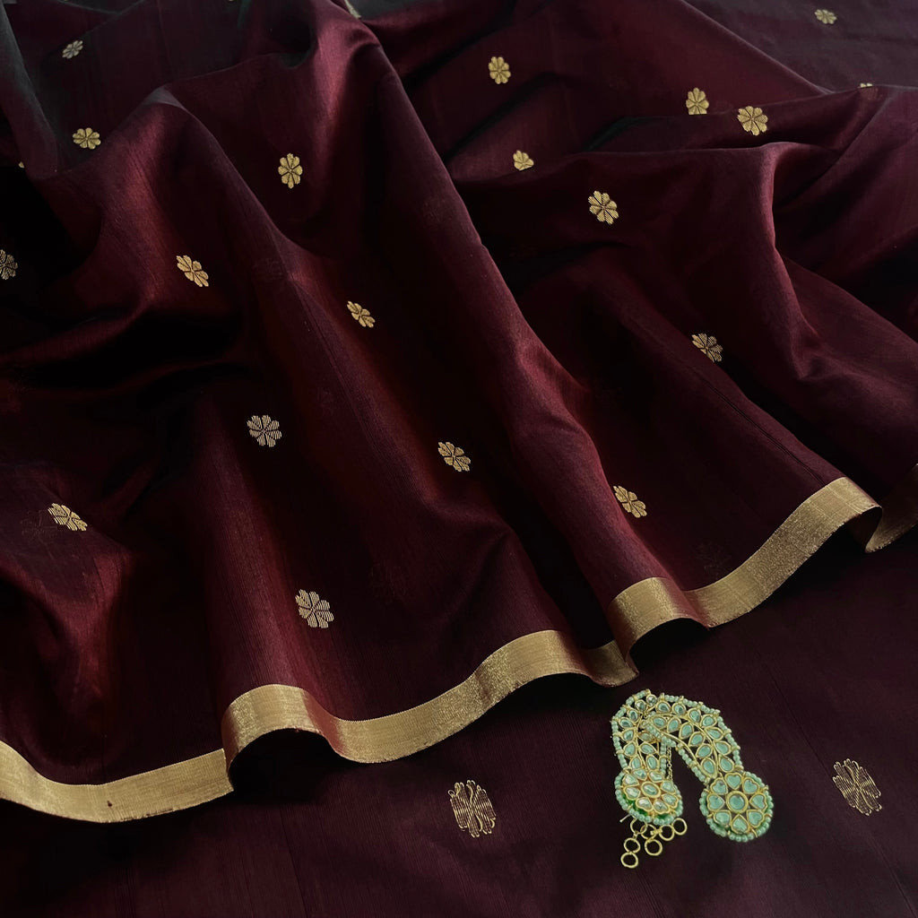 Mahogany Chanderi silk saree with flower bootis all over