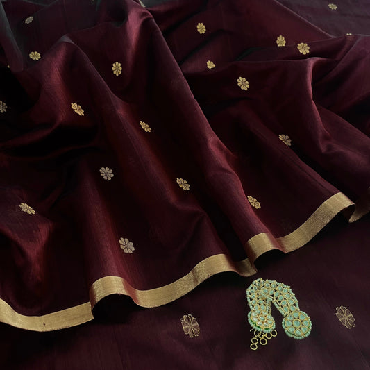 Mahogany Chanderi silk saree with flower bootis all over