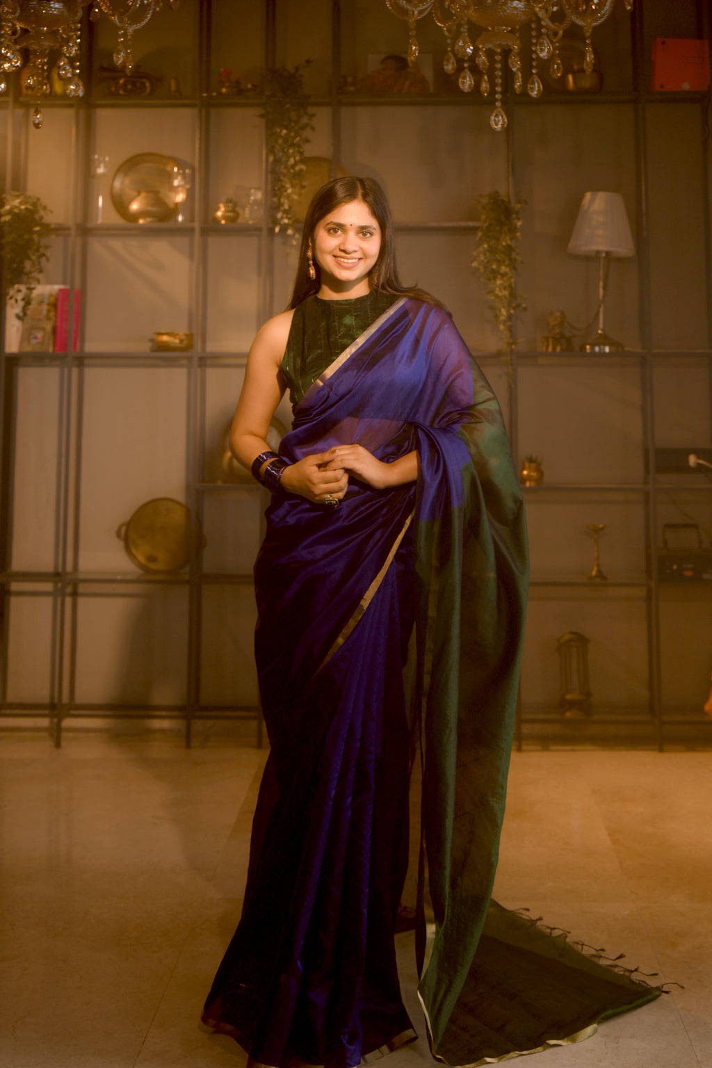Indigo and green Chanderi silk saree with zari border