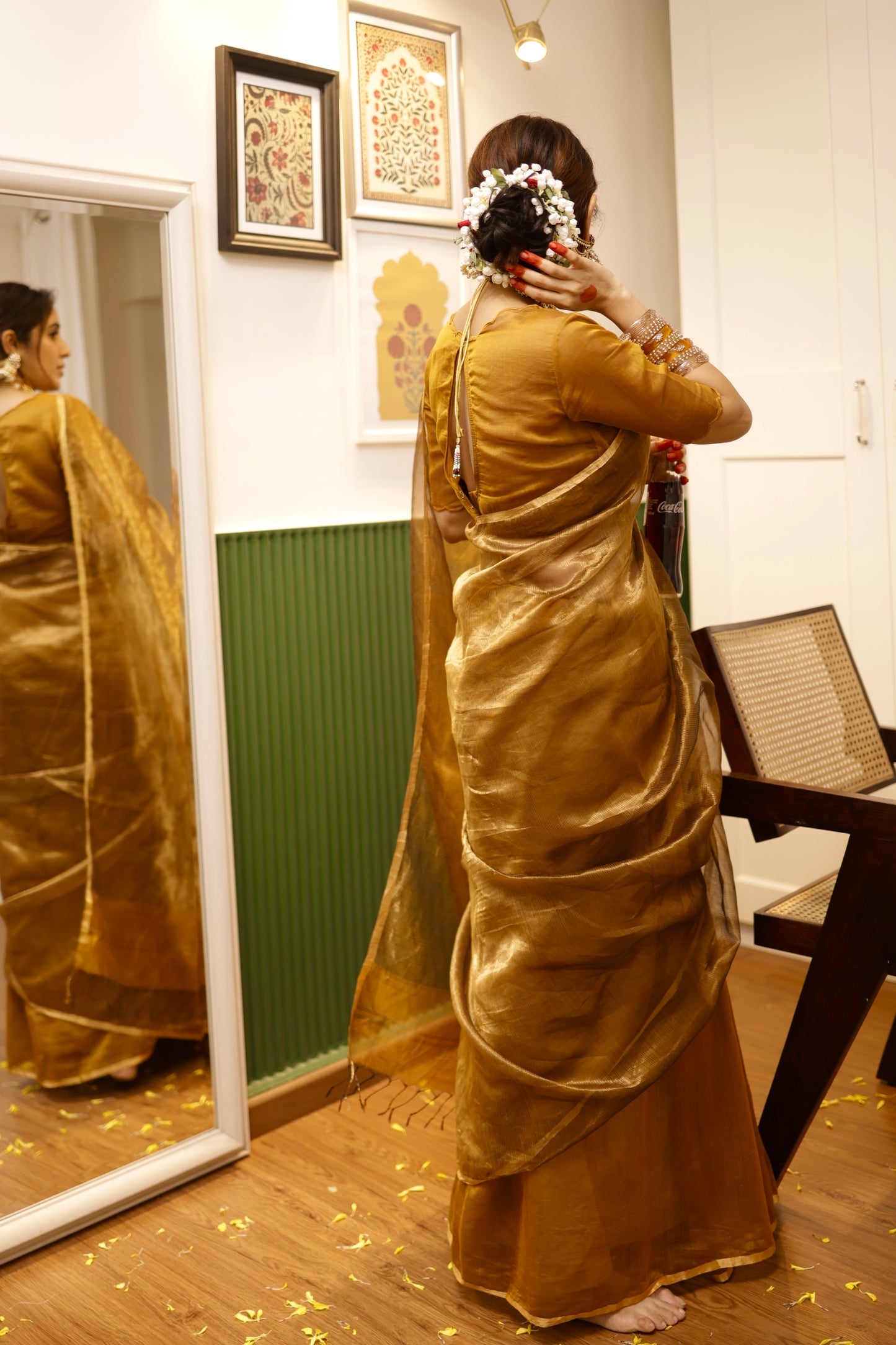 Mustard and gold maheshwari saree with zari border