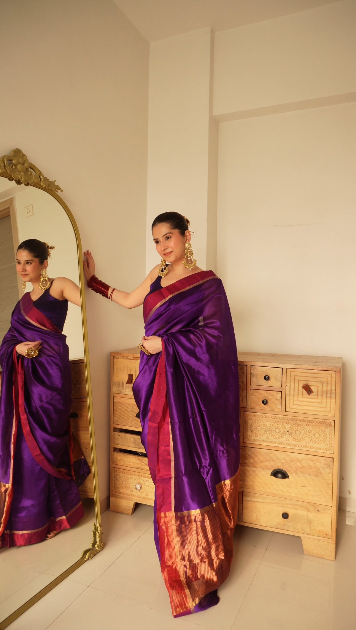 Ready to wear | Dark Purple Plum Chanderi silk saree with zari lines on pallu