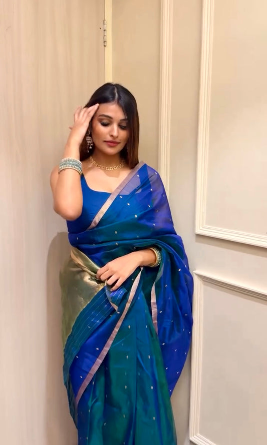 Peacock blue and green dual tone Chanderi organza silk saree with zari bootis all over