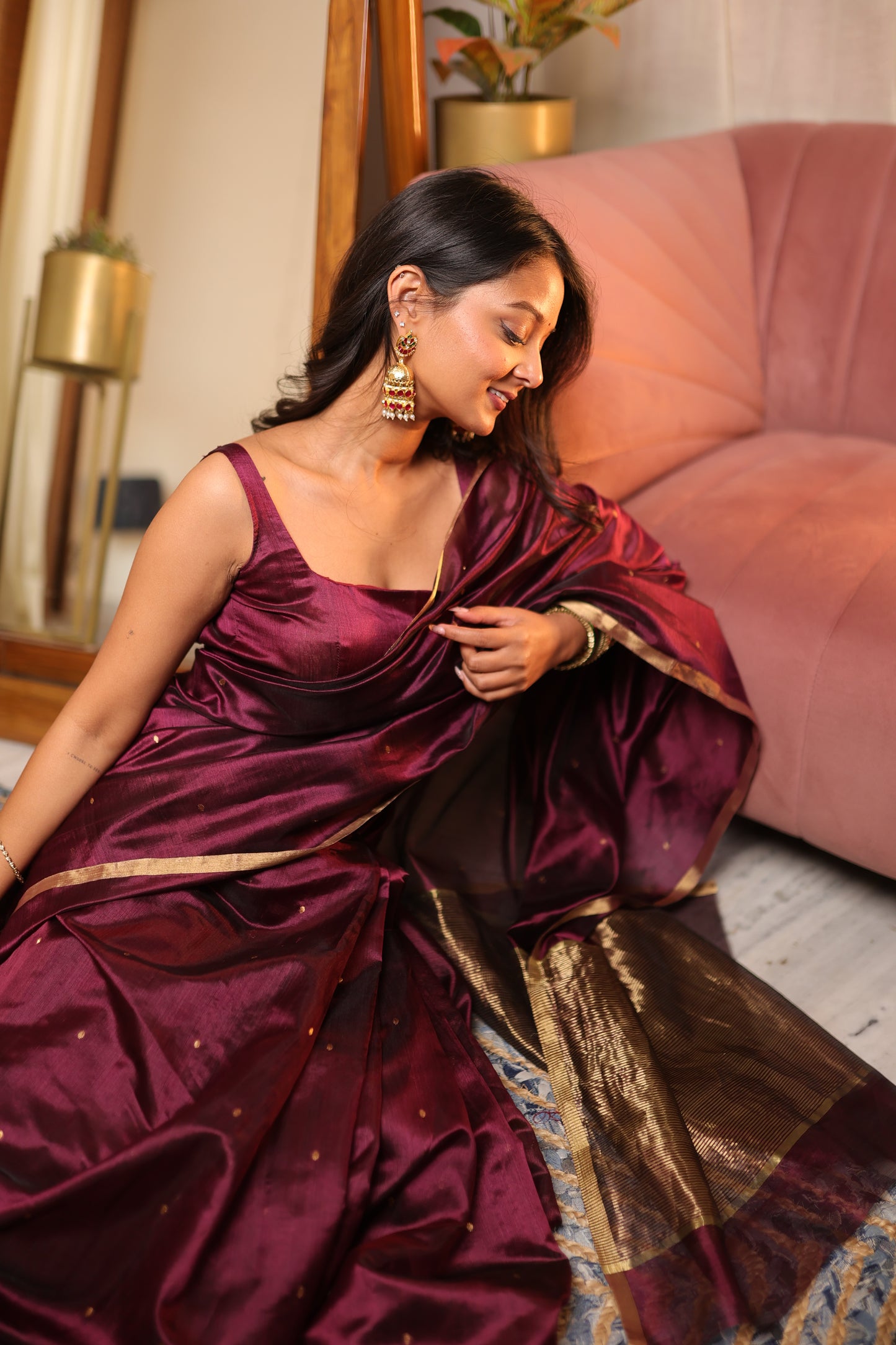 Dark Plum Chanderi Silk Saree with Zari Bootis all over