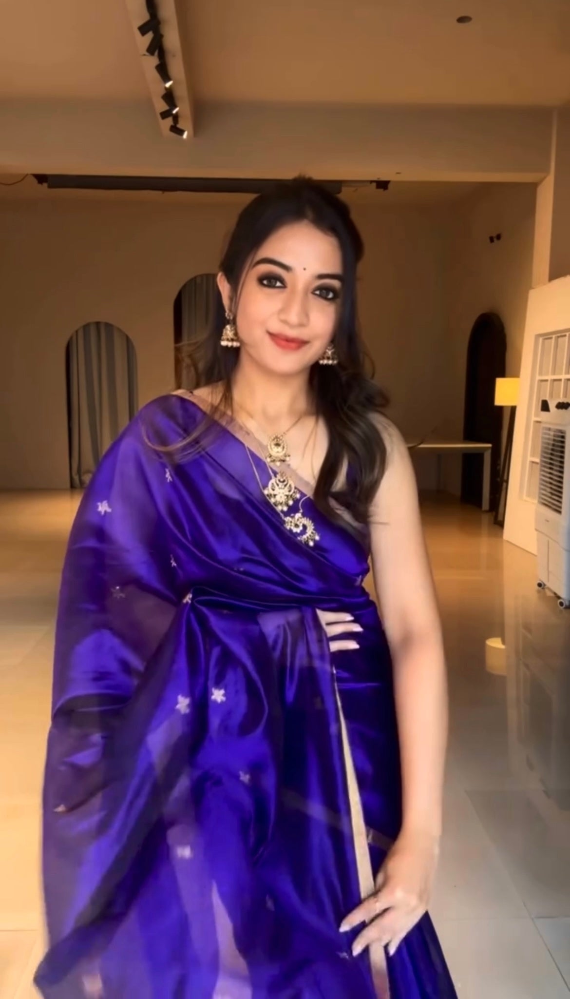 Dark Purple Chanderi Silk Saree with Flower Bootis all over