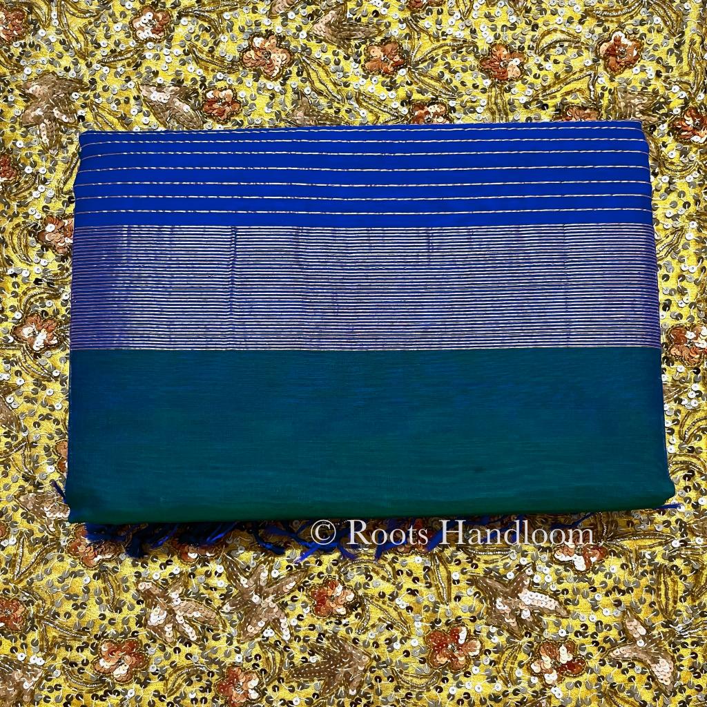 Peacock green and blue dual tone Maheshwari saree with resham border