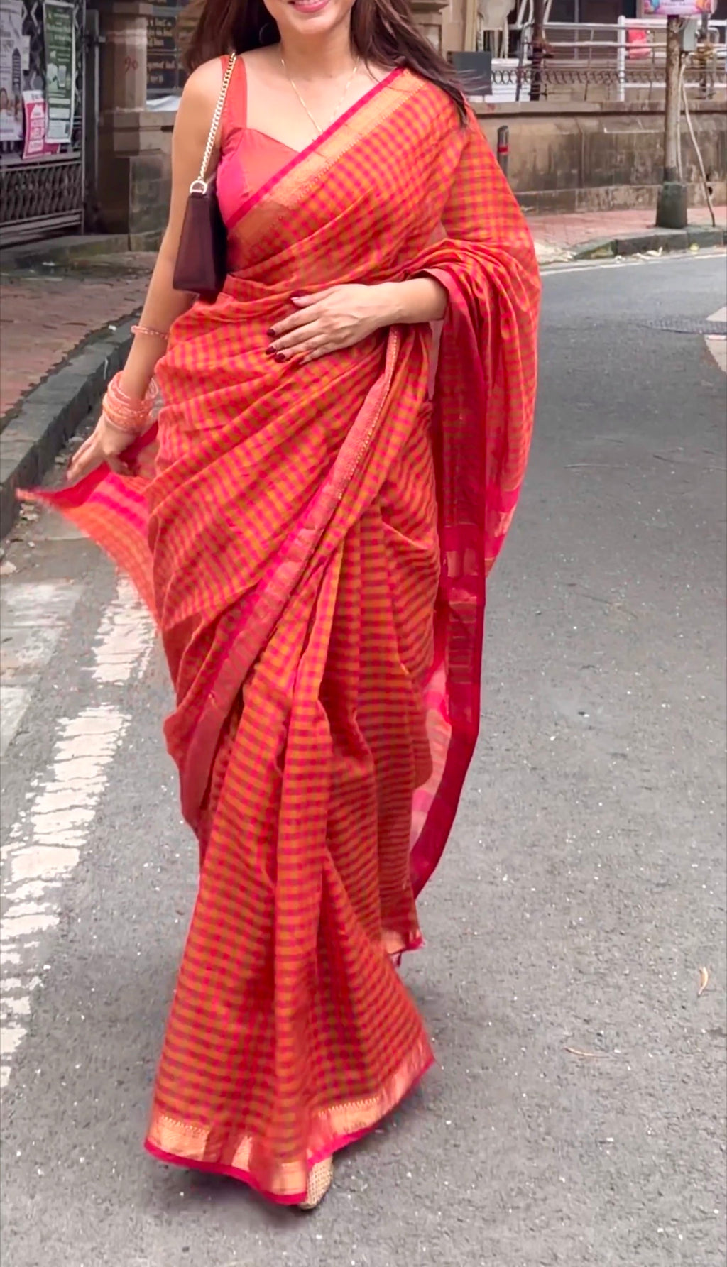 Pink and Olive Maheshwari checkered saree with zari border