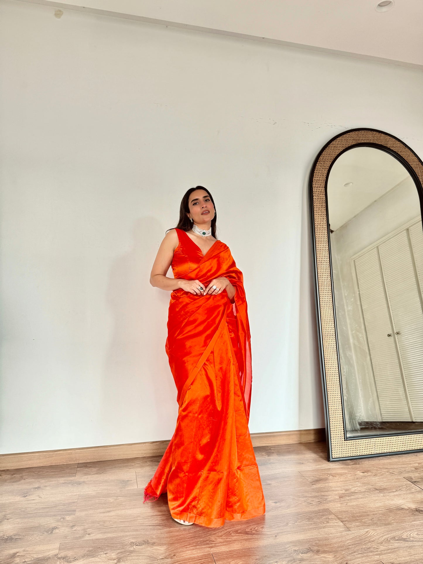 Sunset orange chanderi silk saree with silk border