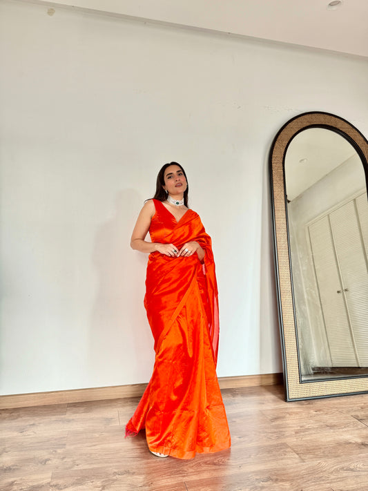 Sunset orange chanderi silk saree with silk border