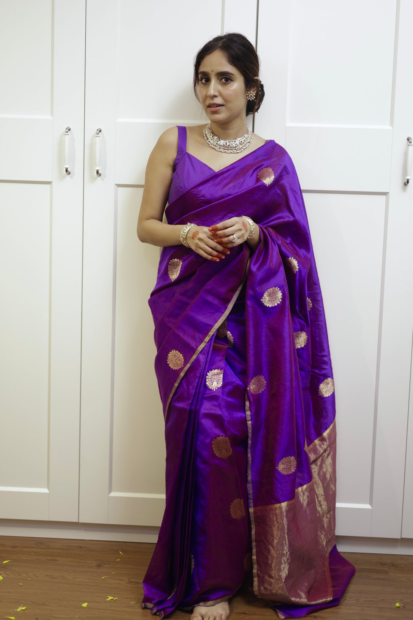 Violet dual tone chanderi silk saree with mor-motifs all over