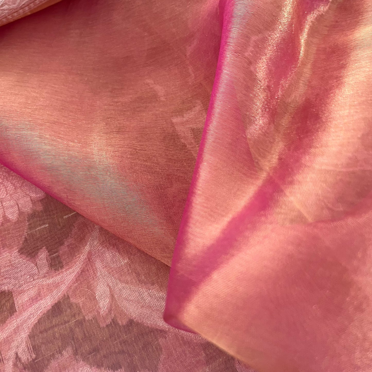 Peachish pink Banarasi tissue silk saree zari jaal work all over