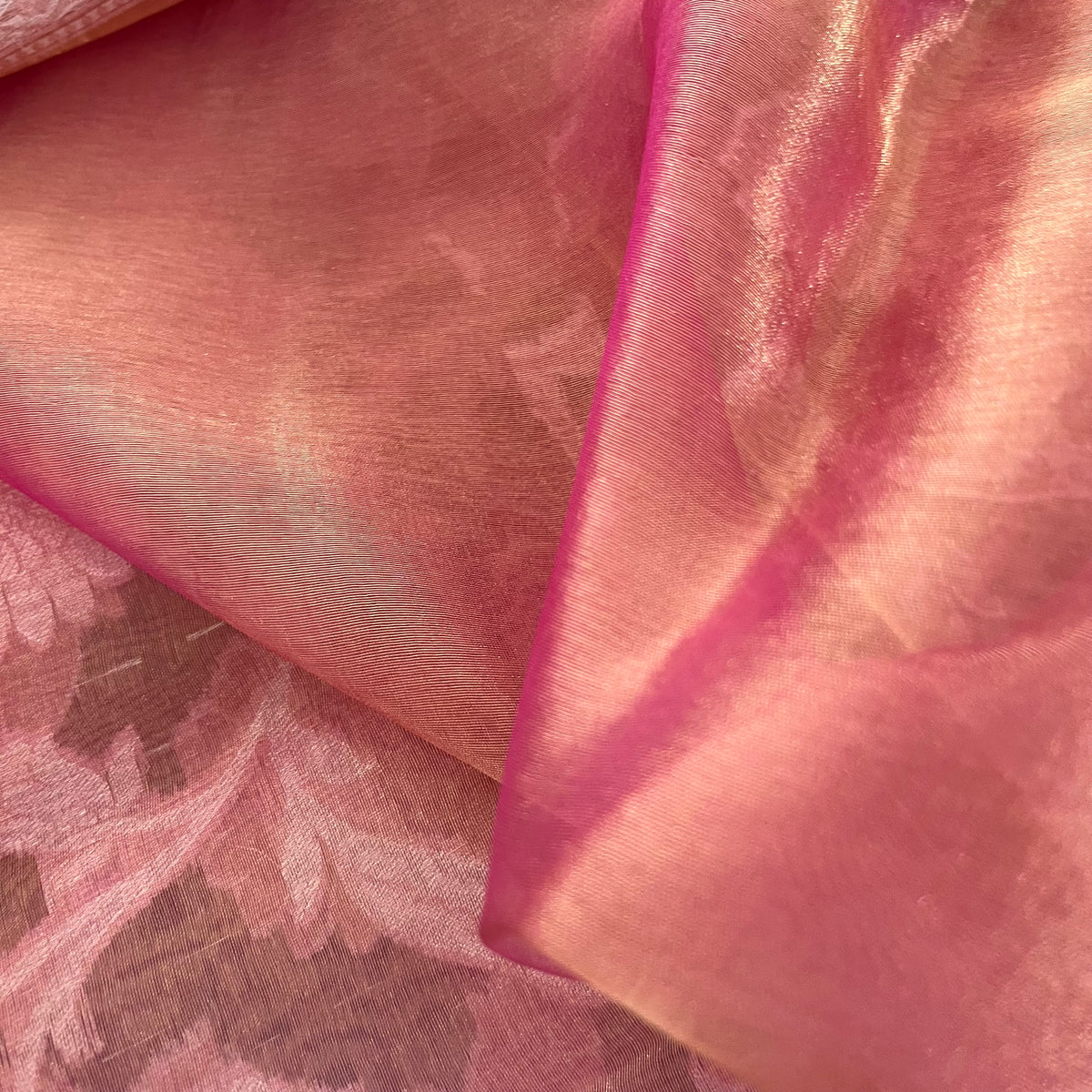 Peachish Pink Banarasi Tissue Silk Saree with Zari Jaal Work all over