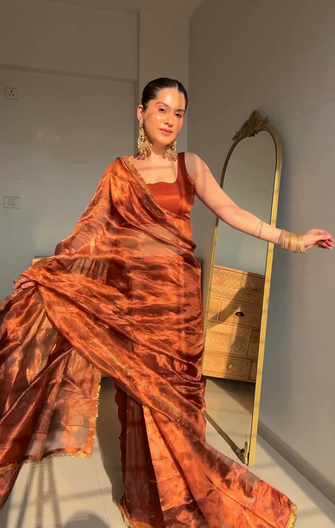 Molten Copper chanderi tissue silk saree with kiran border