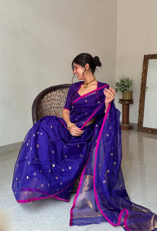 Dark Purple & Pink Chanderi silk saree with zari bootis all over
