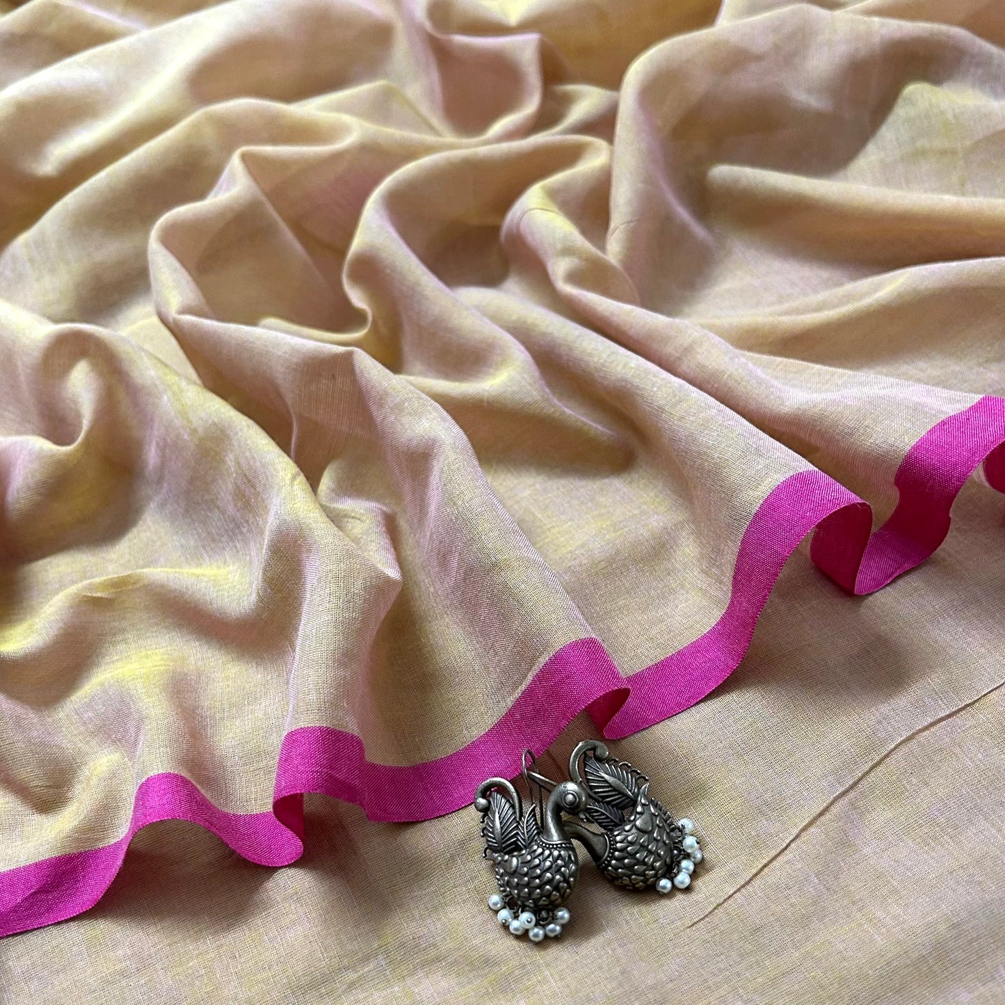 Beige and pink mulmul saree