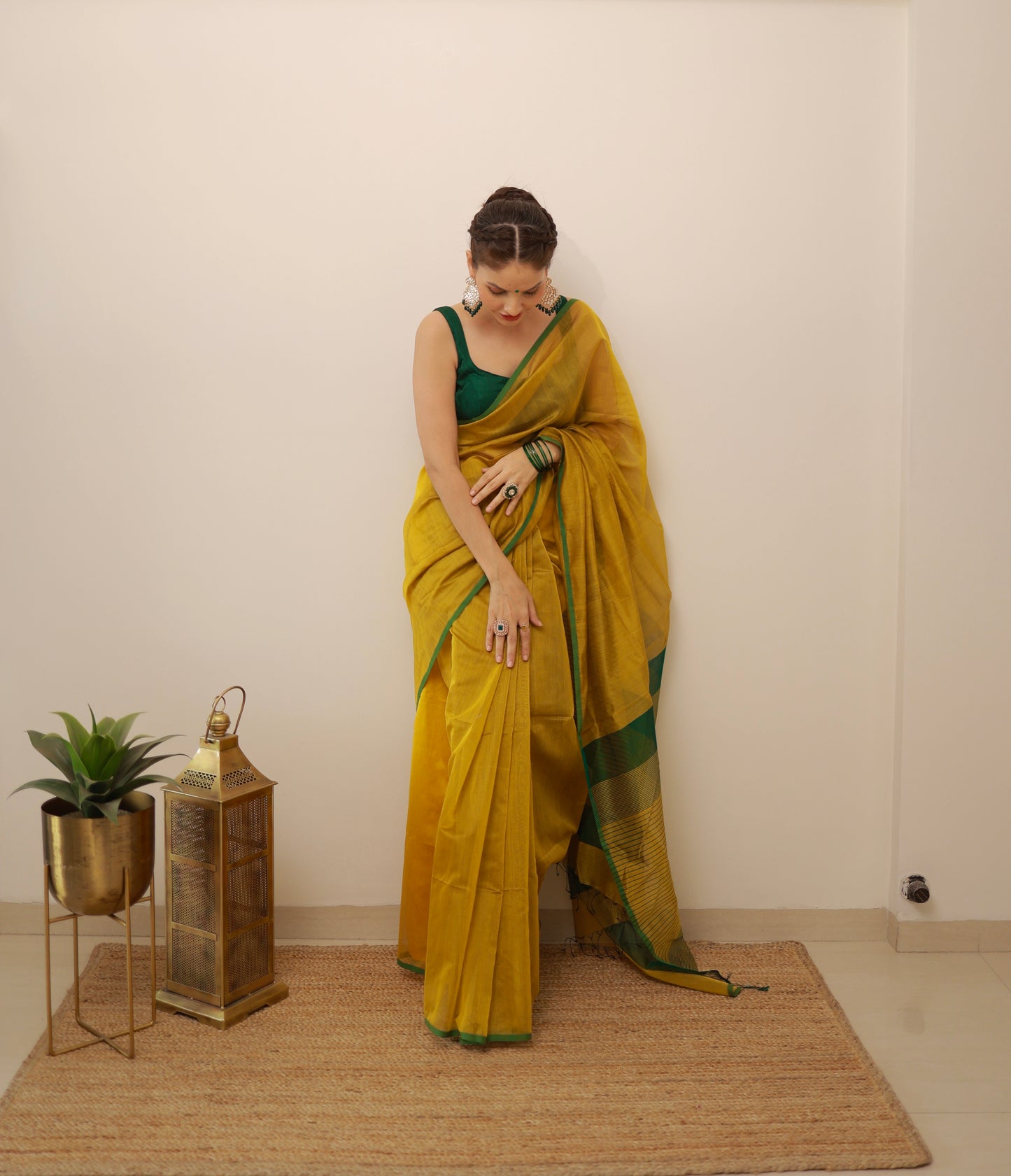 Mustard and green maheshwari saree