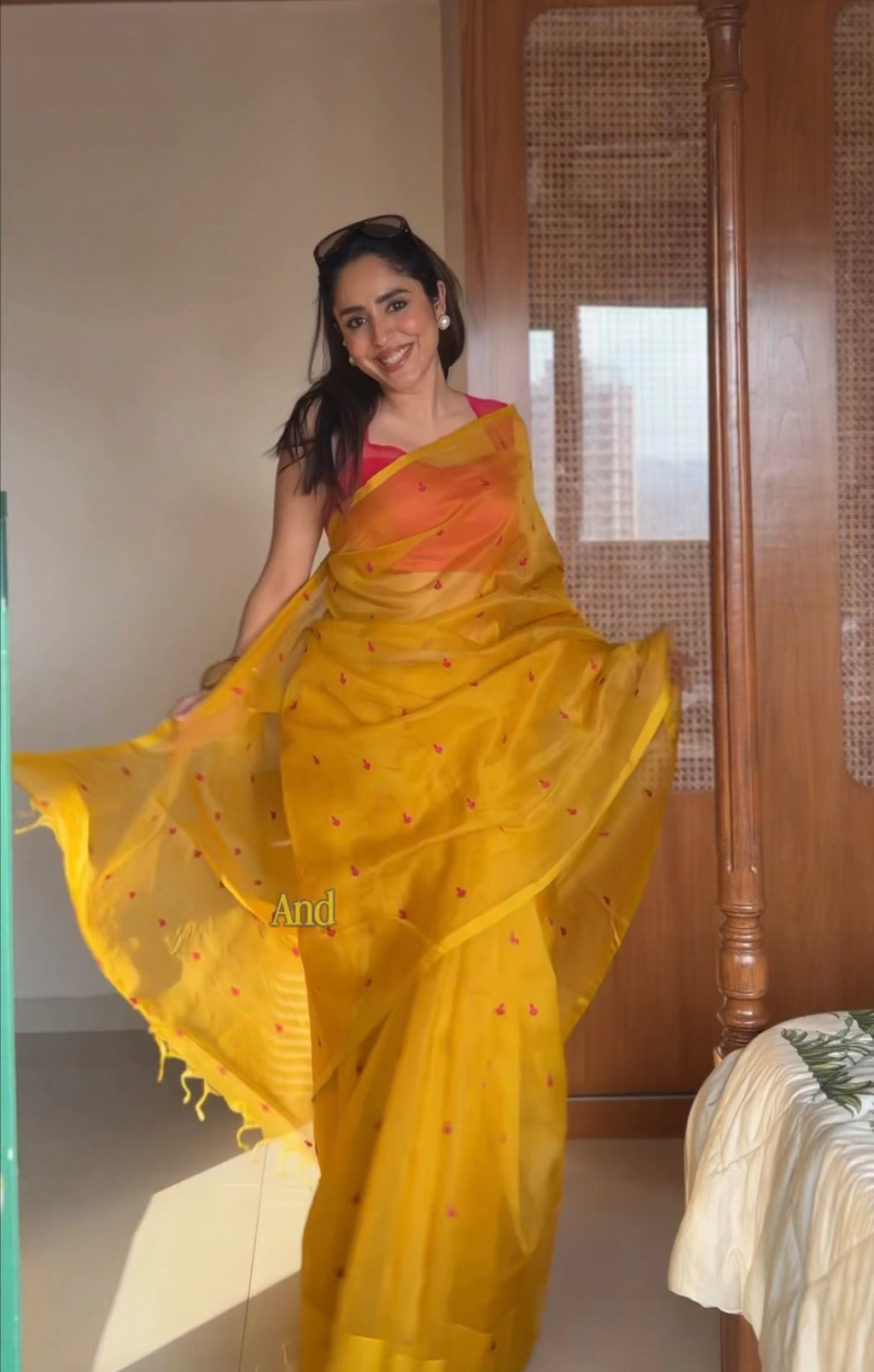 Mustard and pink Chanderi silk saree with resham bootis all over
