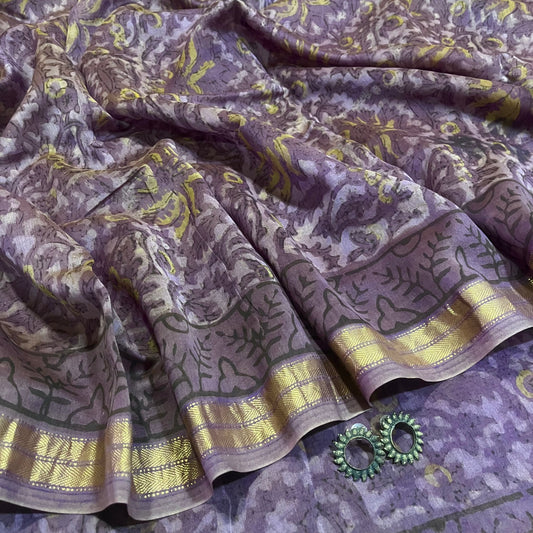 Purple Maheshwari saree with ajrakh print all over
