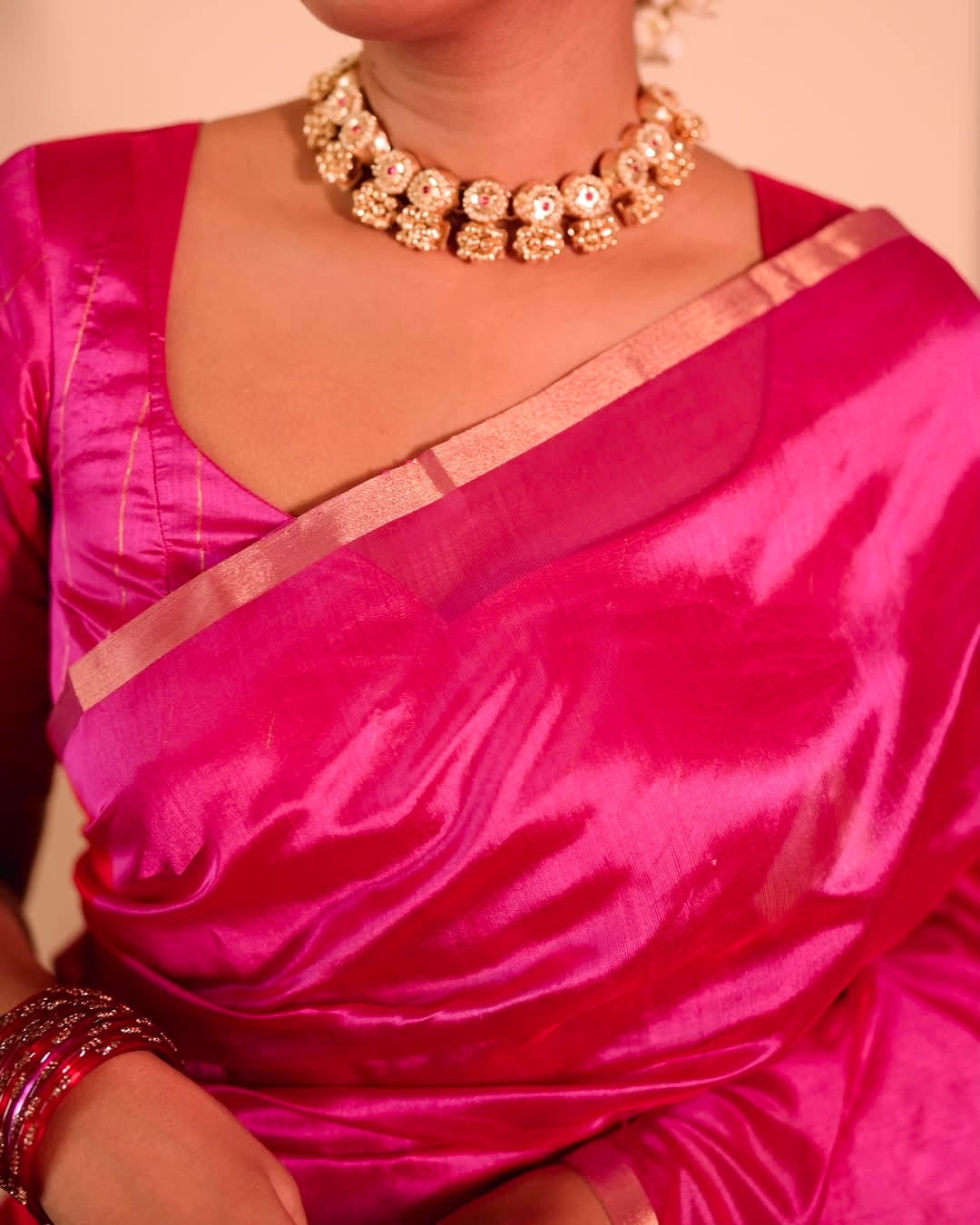 Chili Red and pink Chanderi silk saree with tassels on pallu