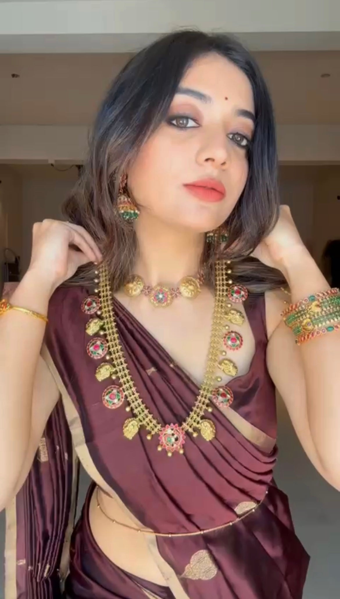Mahogany chanderi silk saree with jhoomar motifs all over